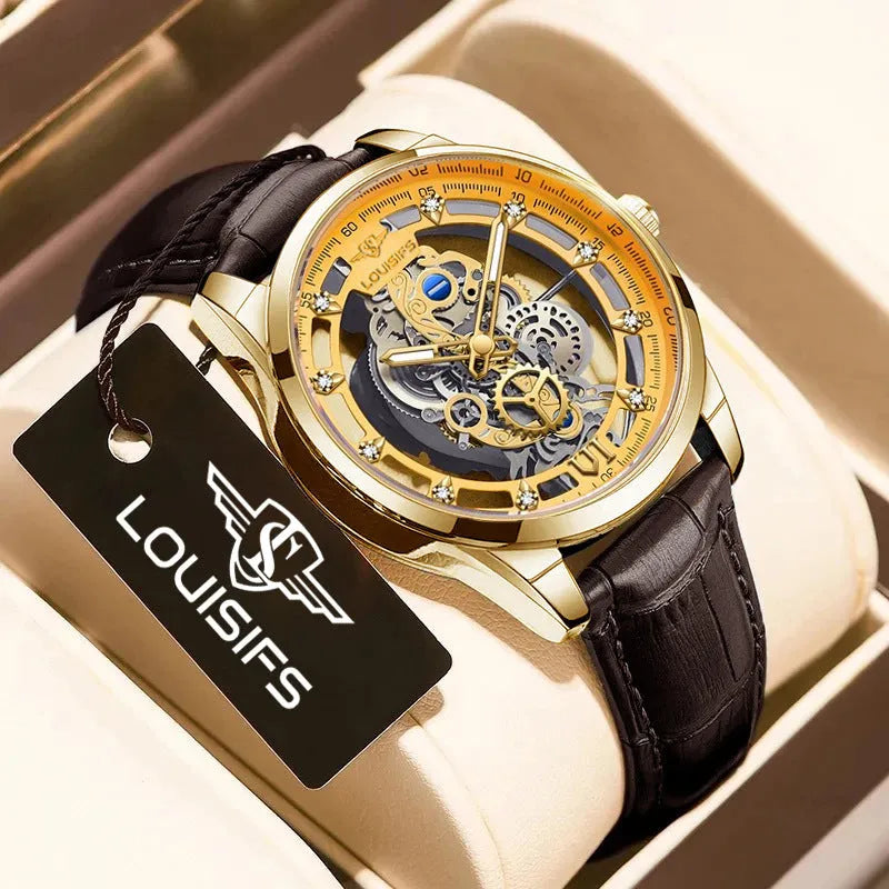 Swiss double-sided hollow men's quartz watch with leather strap and metal case