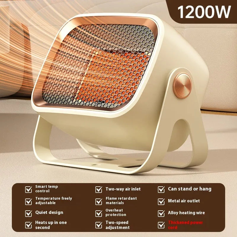 White desktop electric fan heater with push-button controls and a rotatable base on a wooden table.