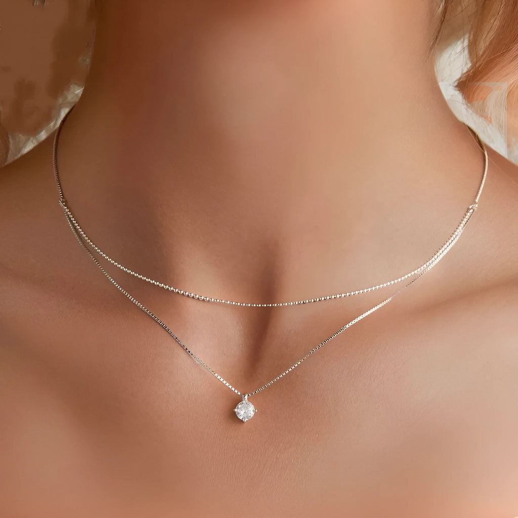 Double-layer sterling silver necklace with pearl chain for women