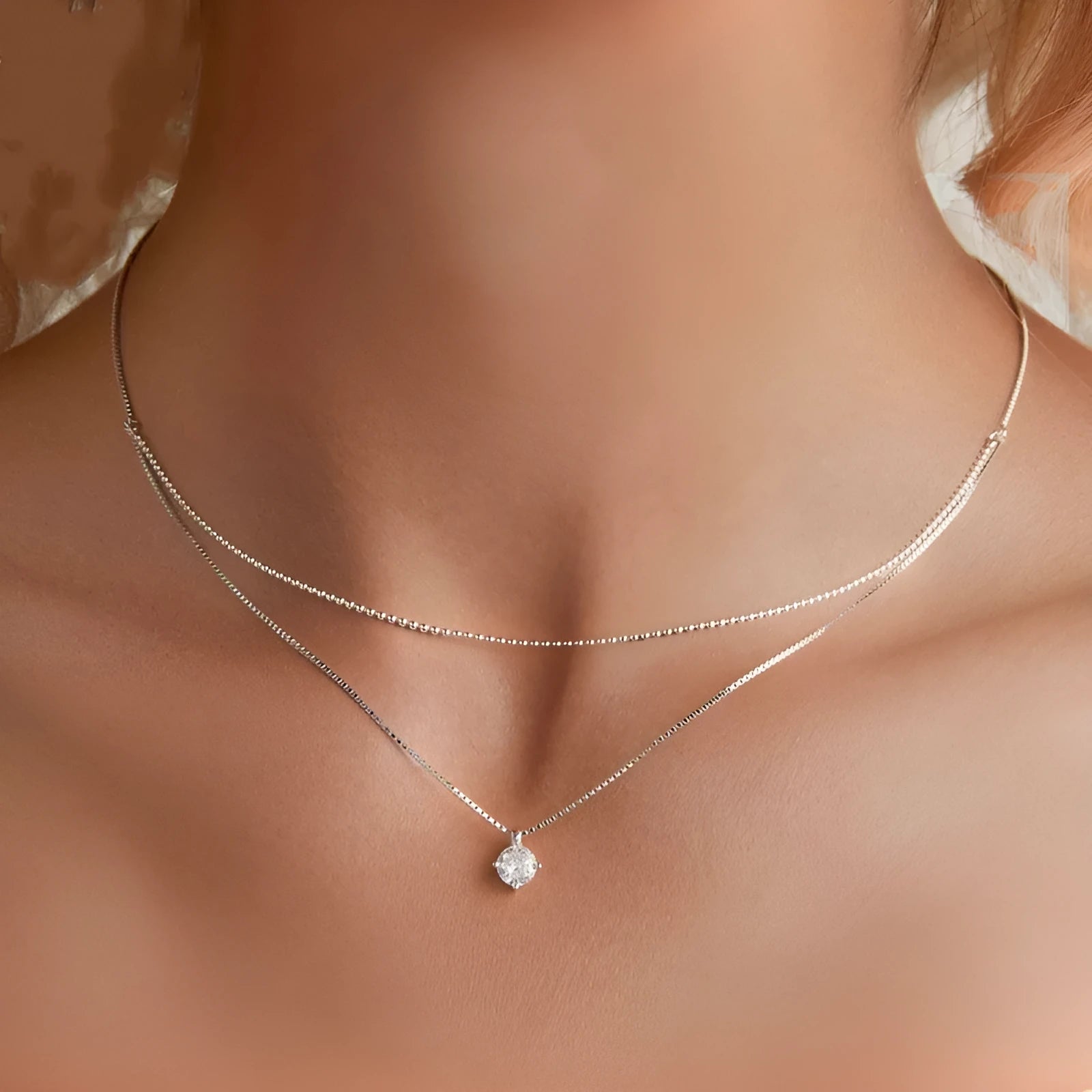 Double-layer sterling silver necklace with pearl chain for women