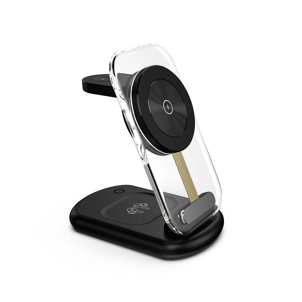 Transparent folding magnetic wireless charger showing internal components with QC3.0 fast charging