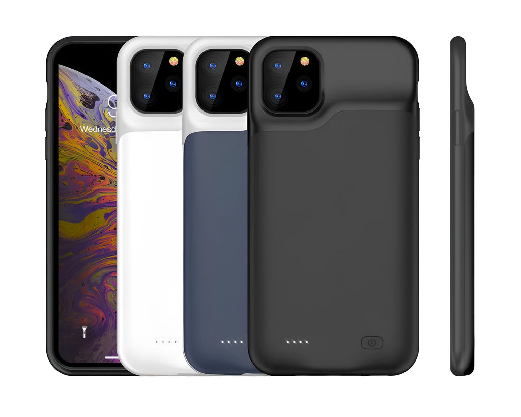 Shockproof silicone iPhone charging case with external battery in black, blue, pink, or white colours