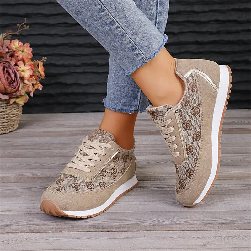 Women's flower print lace-up sneakers in camel, round toe, flat heel, artificial PU upper with rubber sole