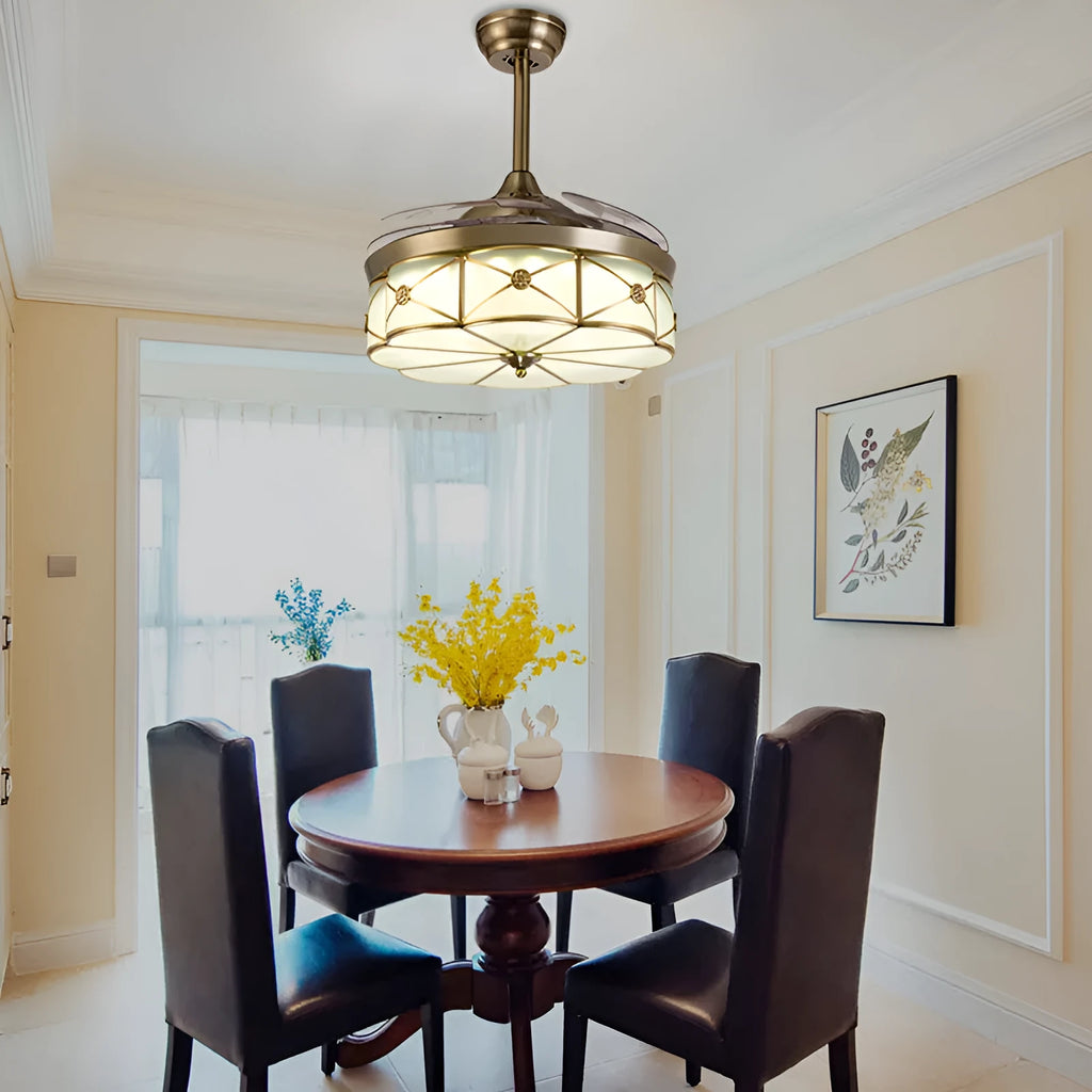 Gold 42-inch ceiling fan light with invisible PC blades and remote control