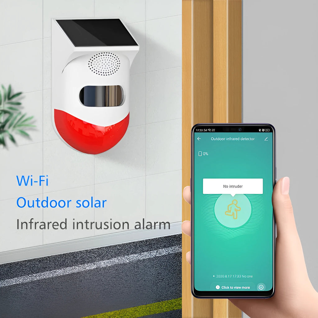 Solar-powered infrared alarm detector for outdoor security with remote control