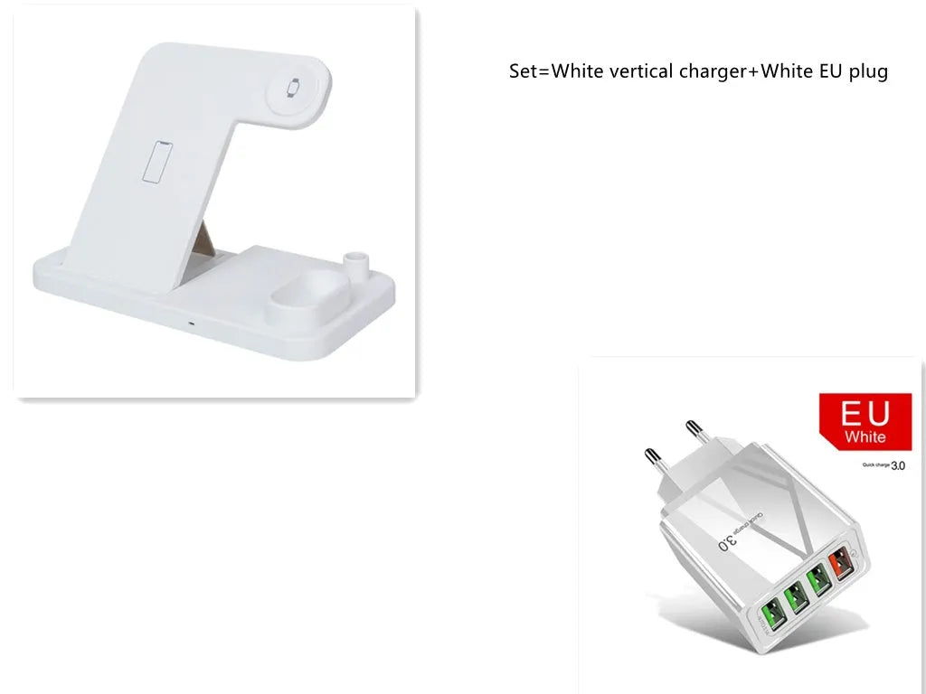 Foldable 4-in-1 wireless charging station for iPhone, Apple Watch, AirPods and Apple Pencil on a desk