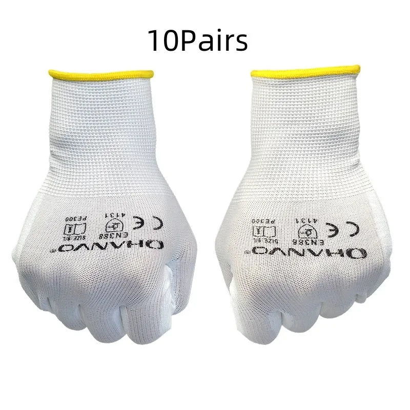 White PU coated labour gloves showing the long 24 cm cuff, available in M and L sizes.