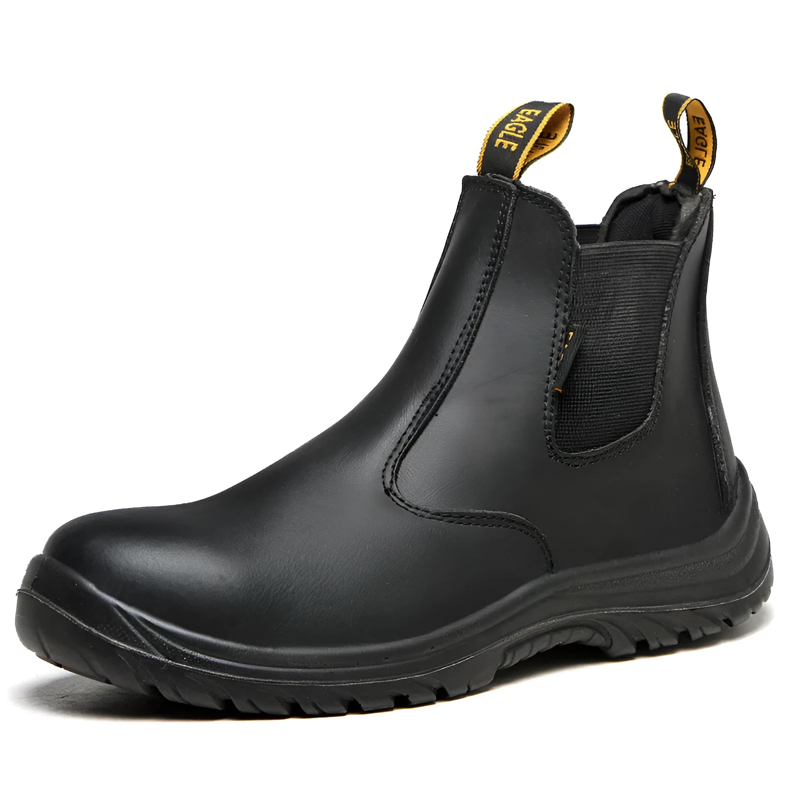 Black leather high-top safety work boots with steel toecap for anti-piercing protection.
