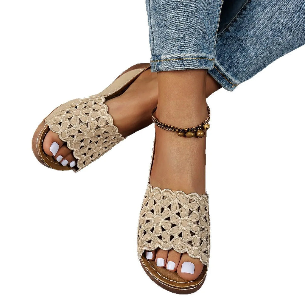 Women's flower cutout wedge beach slippers with PVC upper, fish-mouth toe, available in black, khaki, blue, light brown, sizes 36-43