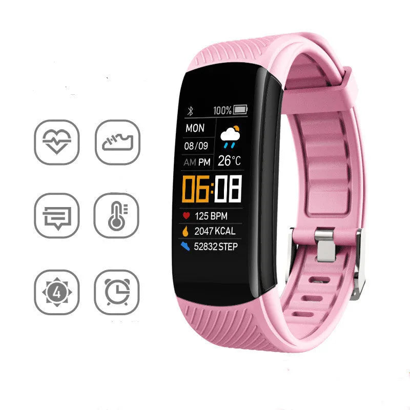 C5S model smart pedometer bracelet fitness tracker with touchscreen in various colours.
