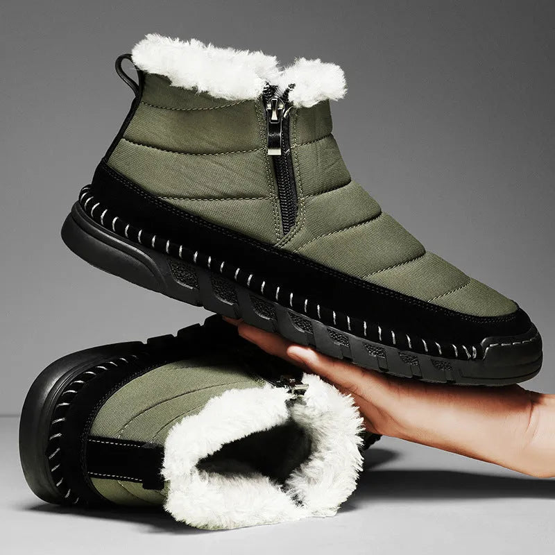 Men's plus size snow boots in black with round toe, cotton cloth upper, and non-slip rubber sole