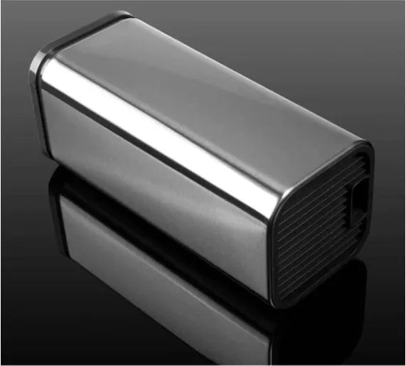 Stainless steel kitchen knife holder with a white polypropylene storage bucket and detachable base