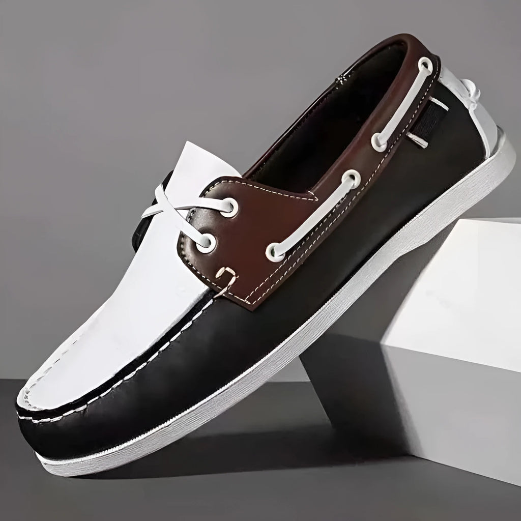 Men's British style casual shoes with artificial PU upper in various colours on a white background.