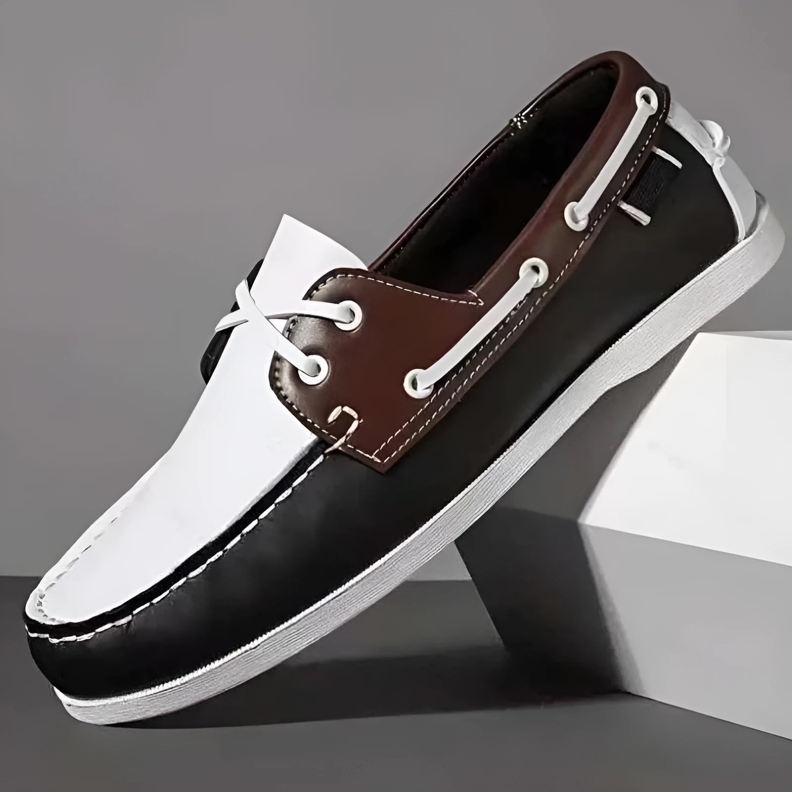 Men's British style casual shoes with artificial PU upper in various colours on a white background.