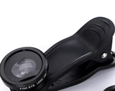 0.65X wide-angle fisheye macro three-in-one clip-on lens for smartphone cameras in black