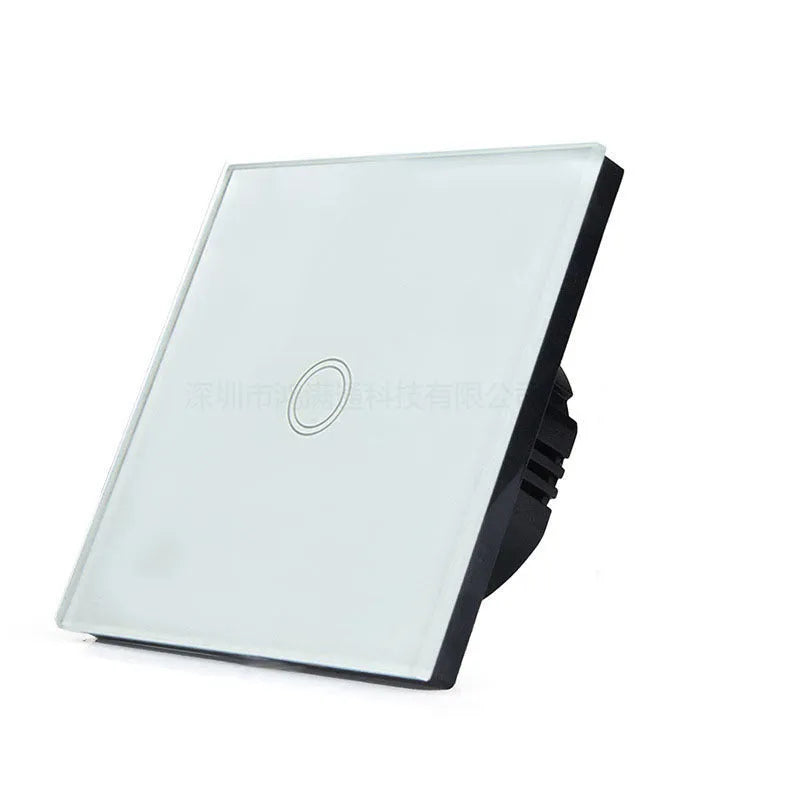 Tempered glass touch light switch panel in black, golden, or white, showing type 86 format for wall mounting.