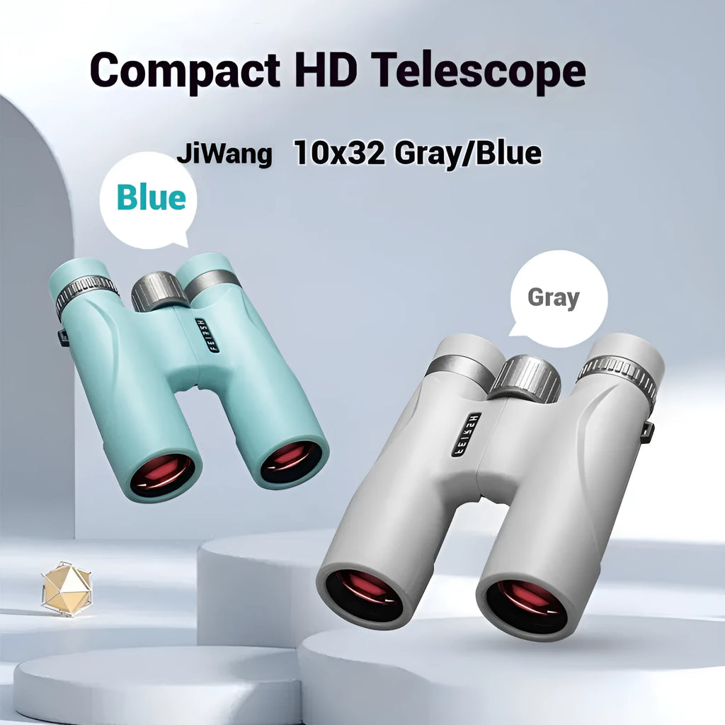 Close-up of grey 10x32 compact binoculars with wine red film lenses on a textured background.