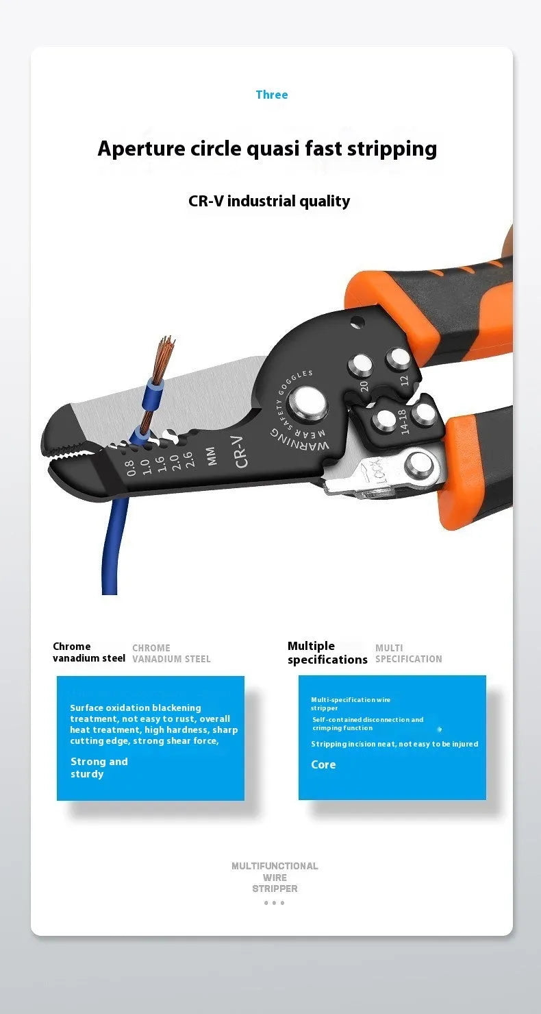 Automatic wire stripping pliers tool with professional steel construction for electrical cable preparation