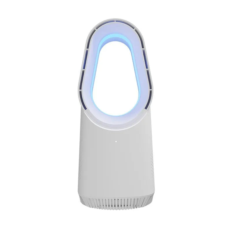White bladeless tower floor fan with remote control on a stand.