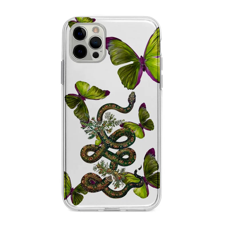 Creative butterfly snake silicone phone case for Apple iPhone, transparent and frosted finish