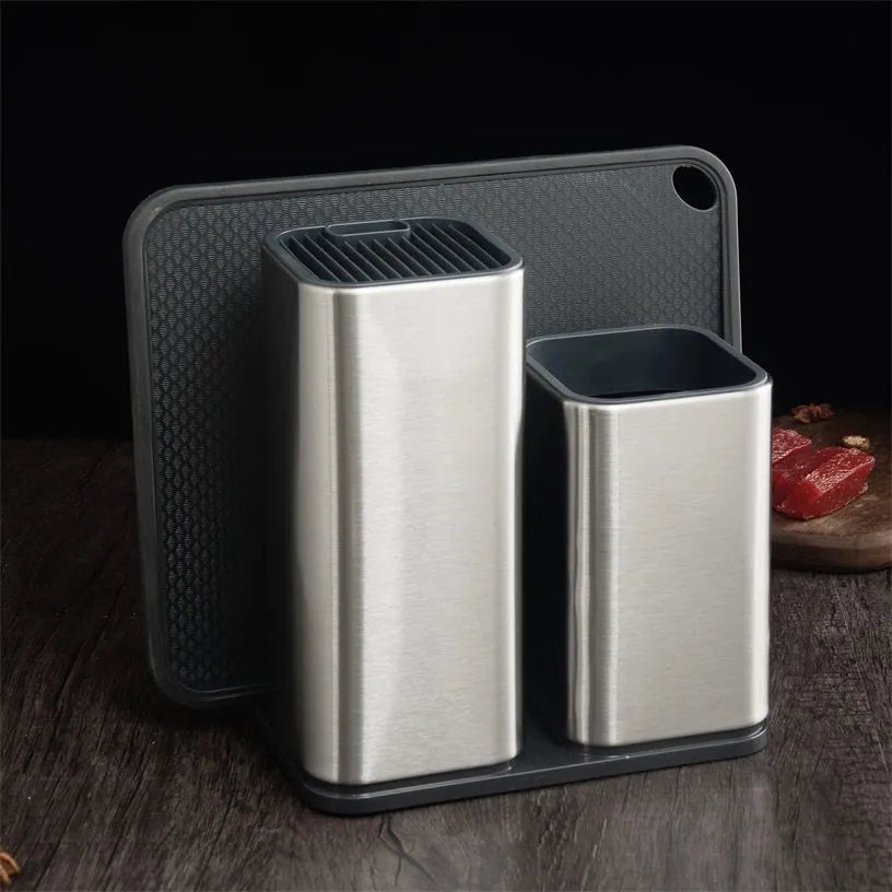 Stainless steel kitchen knife holder with a white polypropylene storage bucket and detachable base