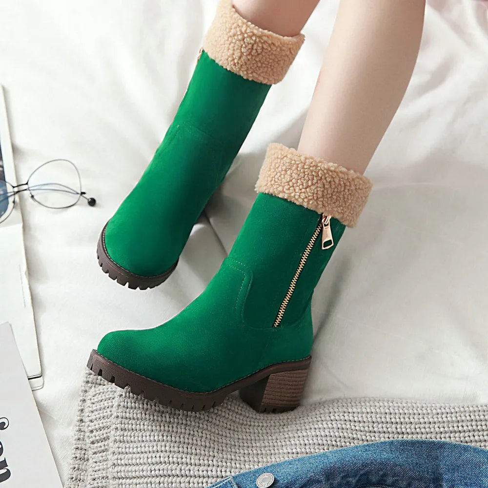 A pair of snow boots with a rubber outsole and plush lining in one of four colours: black, grey, green, or orange.