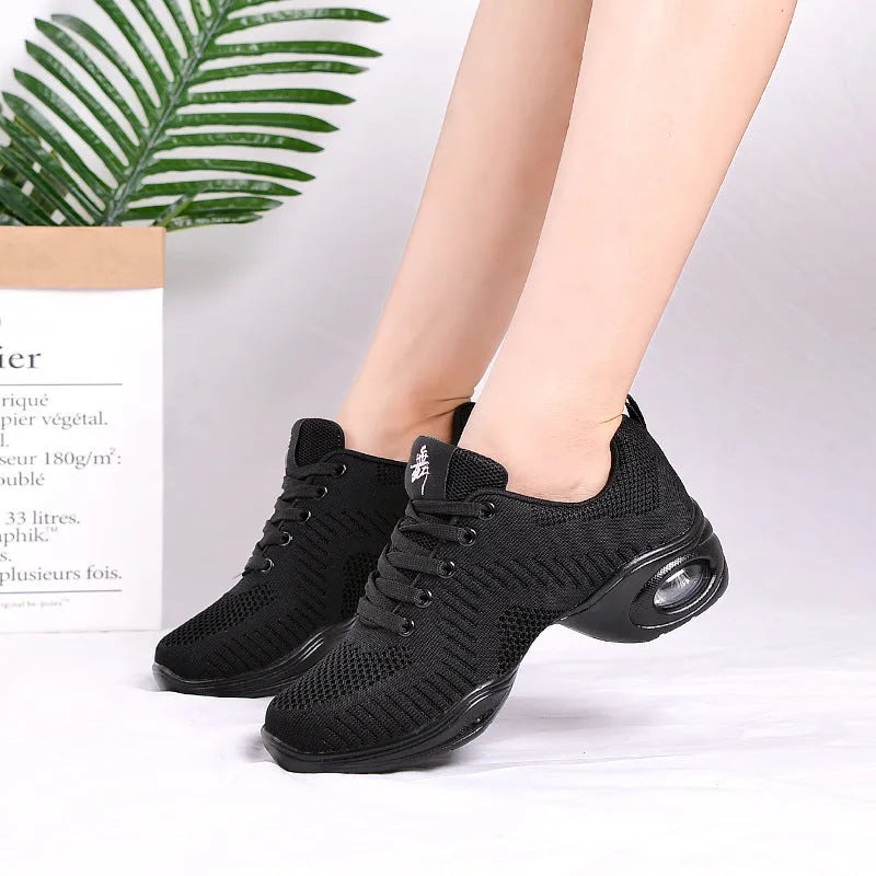 Women's breathable fly woven mesh dance shoes with soft PU sole, available in multiple colours and sizes 34-41