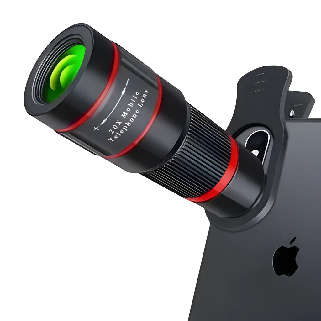 20x magnification smartphone telescope with universal mounting clip and plastic housing on a wooden table.