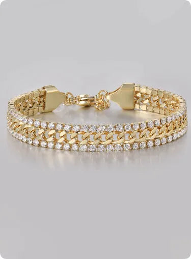 Gold electroplated titanium steel tennis bracelet with artificial gemstones for men and women.