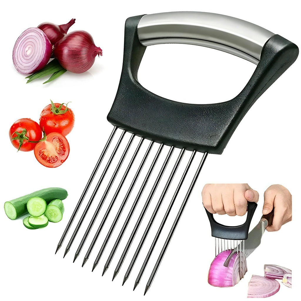 Stainless steel onion holder slicer with non-slip base on a kitchen counter, holding a tomato for slicing