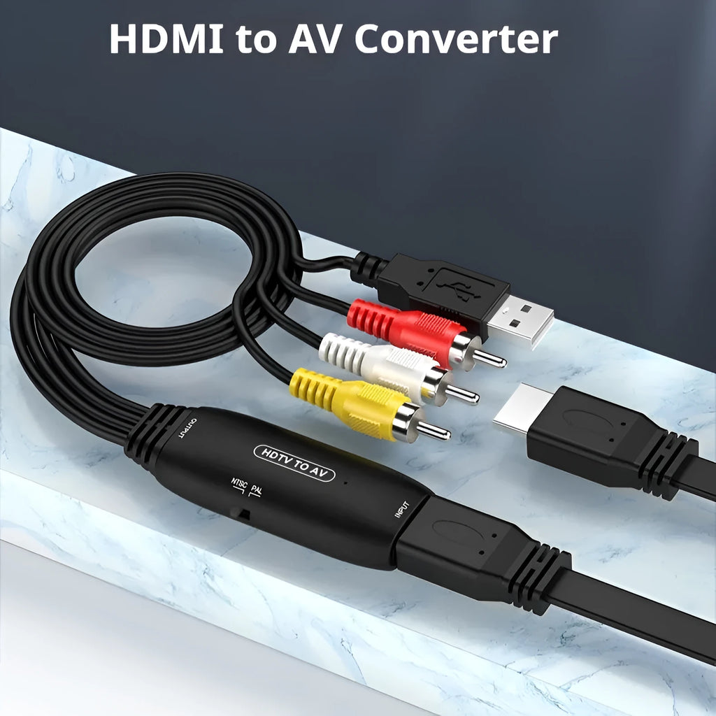 HDMI to AV converter adapter cable with 110cm length and RCA composite connectors