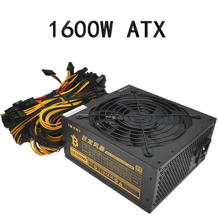 Black server power supply unit with multiple cable connectors including twelve 6+2 pin graphics card interfaces