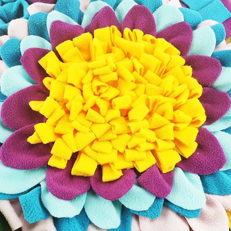 50x50cm fleece pet snuffle mat with sunflower design and suction cups on a tile floor