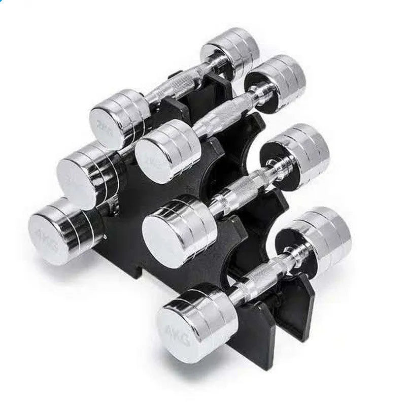 Silver pure steel electroplated dumbbell with ergonomic handle showing weight options