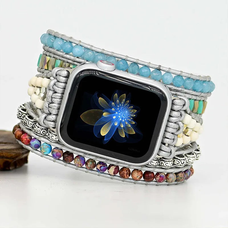 Stone bead hand-woven watch strap for iWatch 38-45mm, three sizes available