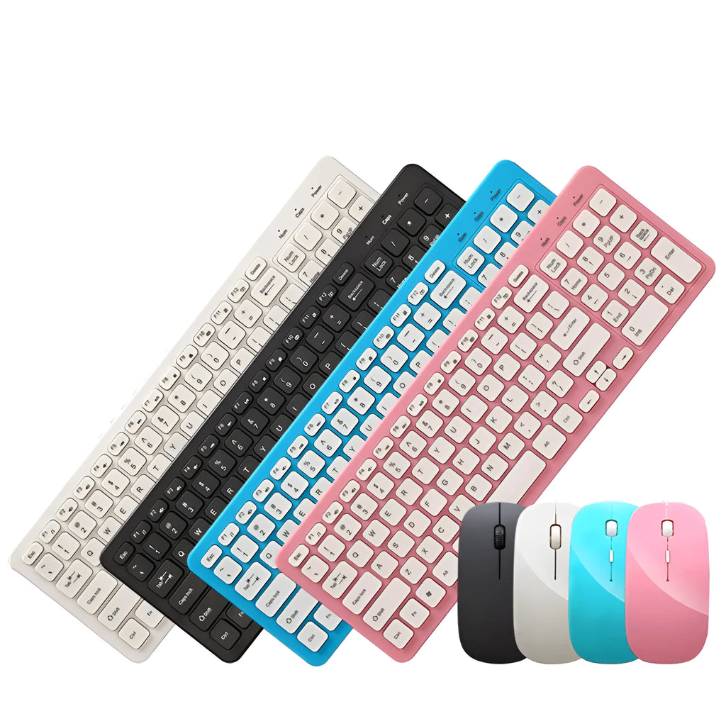 96-key wireless keyboard and mouse set in choice of four colours on a desk.