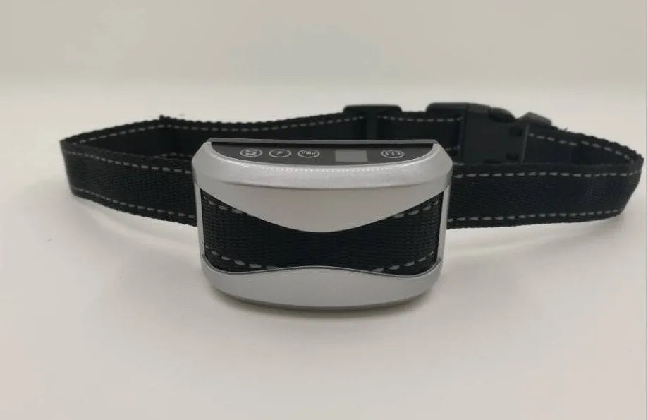 Digital dog training collar with adjustable strap showing display screen, in black, gold, or silver.
