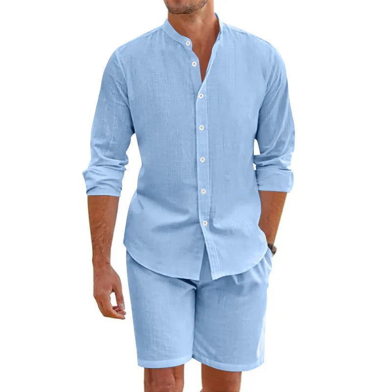 Men's light blue linen blend short sleeve shirt and matching drawstring shorts summer outfit.
