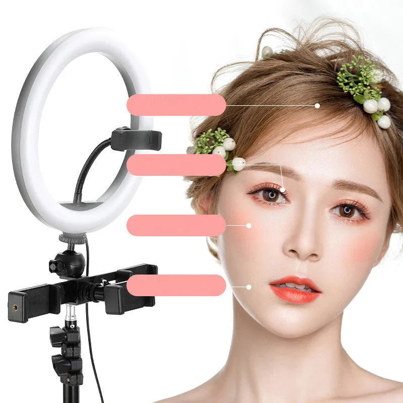 10-inch circular ring light on adjustable metal bracket for smartphone photography