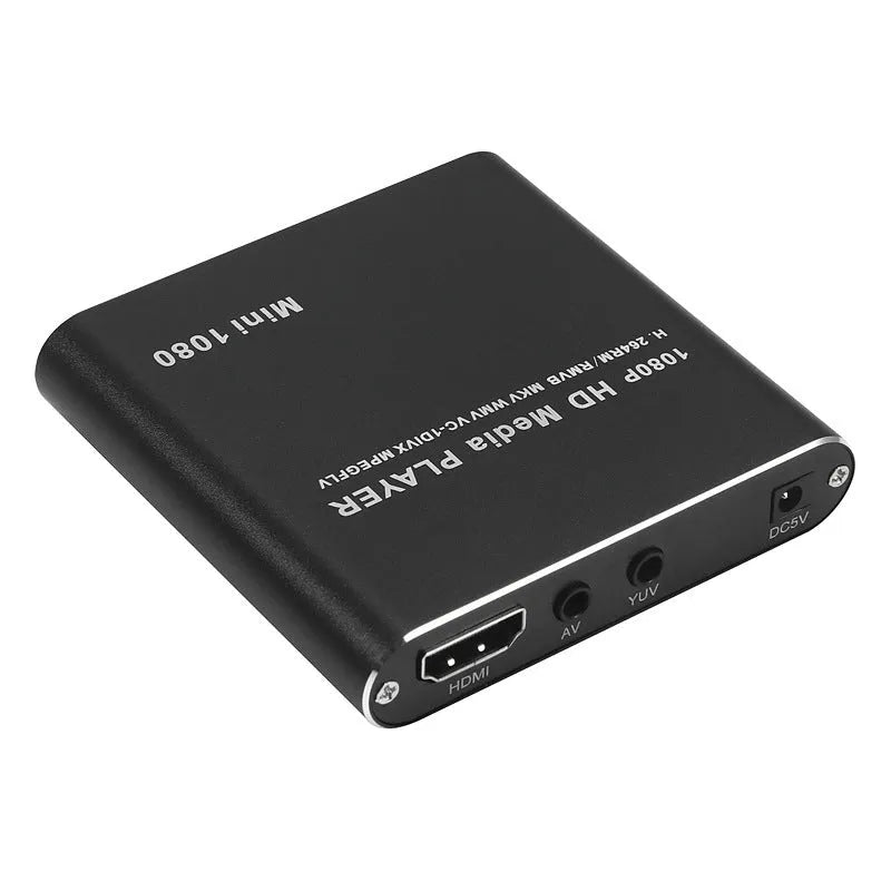 Blue and black 1080P Full HD media player with HDMI port, compact all-metal design.