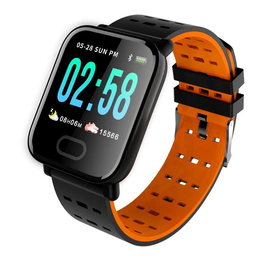 A6 smart bracelet with colour screen and zinc alloy body, shown with silicone strap in blue, black, or orange.