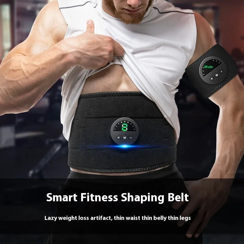 Display screen style electronic fitness belt for waist shaping, shown with USB cable.