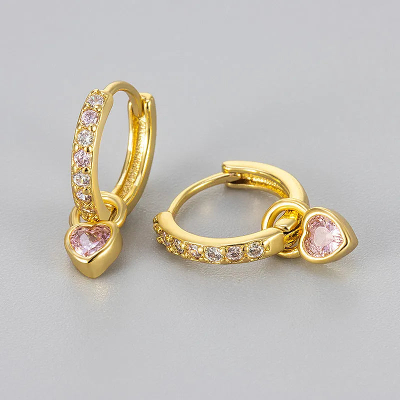 Women's zircon heart drop earrings in gold or white gold plating with coloured gemstones