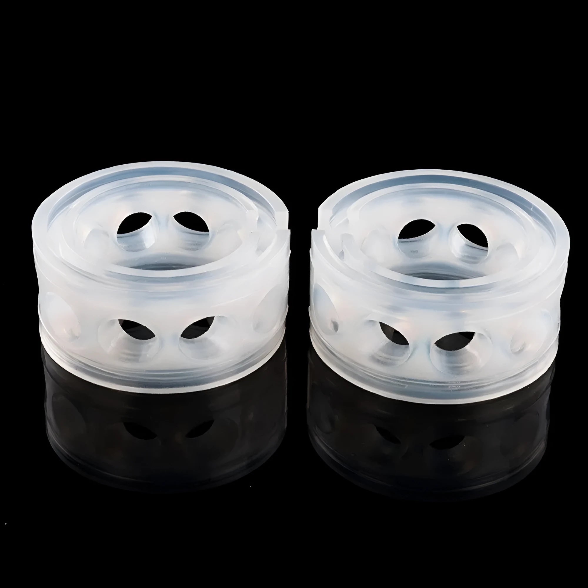 Transparent rubber car spring shock absorber buffer on a coil spring, showing size options A through F