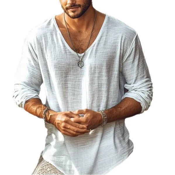 Men's beige V-neck long-sleeved t-shirt in a slim fit laid flat.