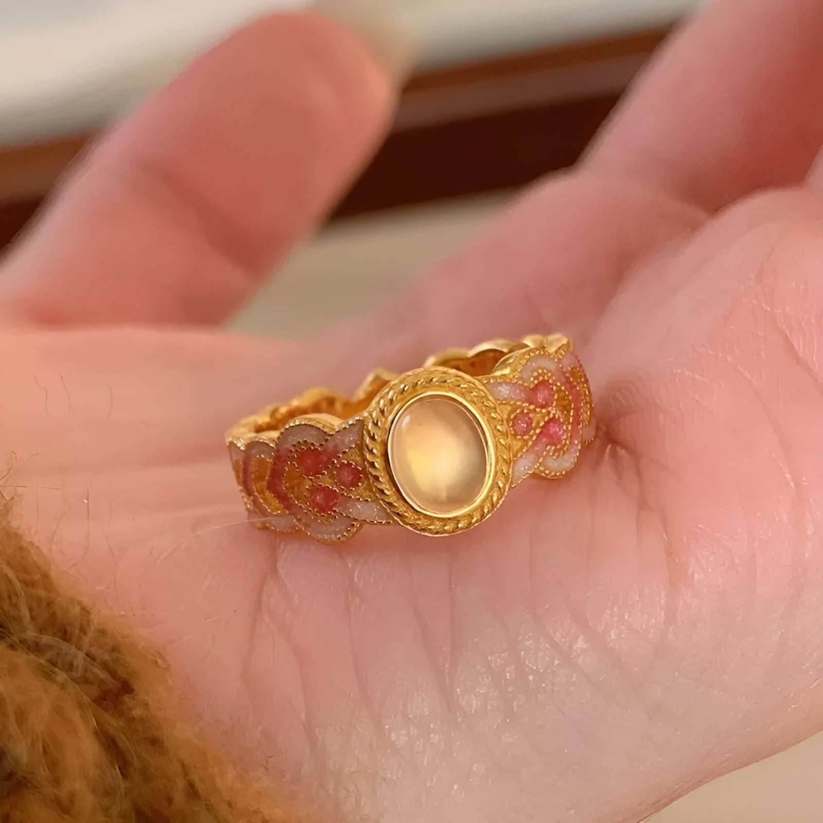 Open geometric ring with pink crystal enamel on copper gold plating for women