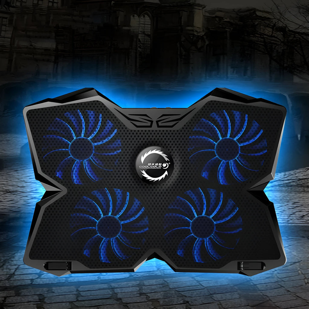 Blue laptop cooling pad with four LED fans and USB ports on a desk
