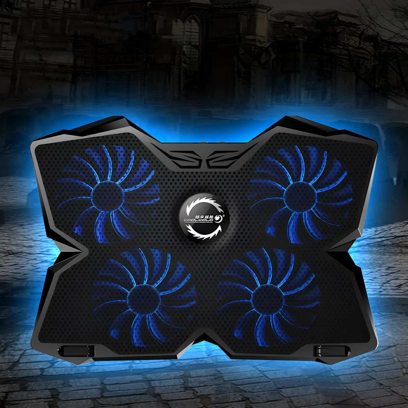 Blue laptop cooling pad with four LED fans and USB ports on a desk