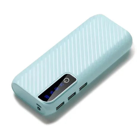 A compact 20000mAh portable power bank in various colours, showing its size and USB ports.
