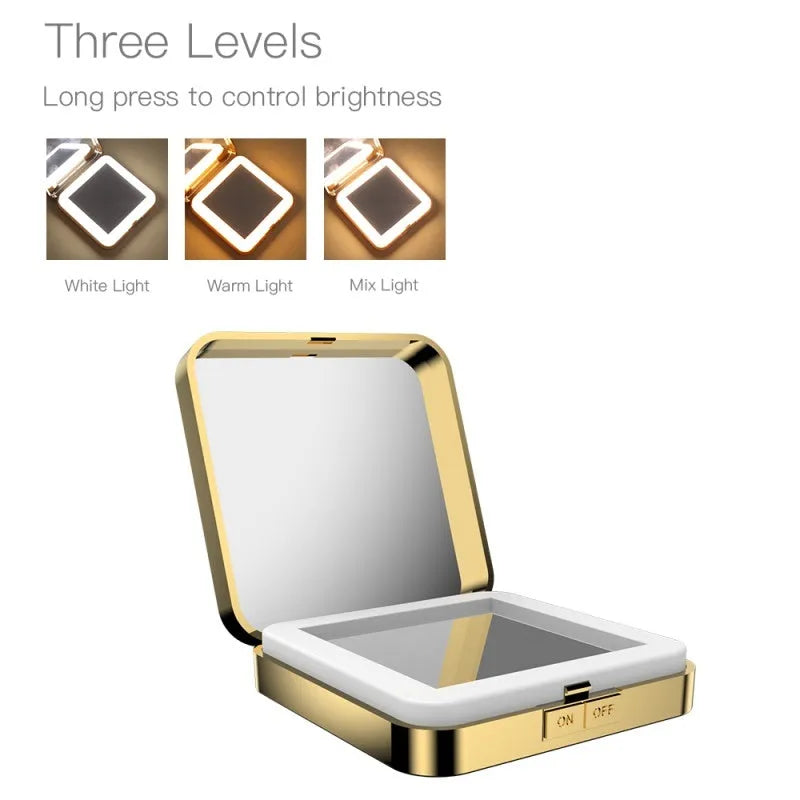 Dual-sided makeup mirror showing 4x magnification side and adjustable lighting controls in black finish